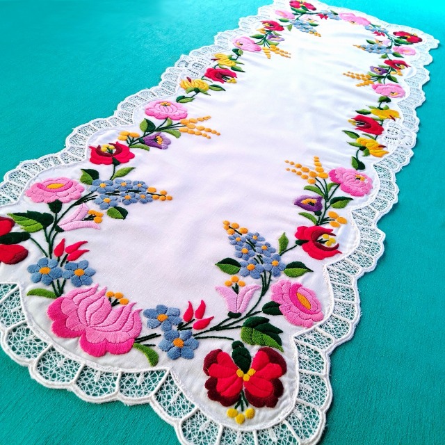 ハンガリーの職人によるカロチャ刺繍のドイリーの使用イメージ写真